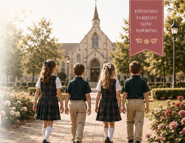 Children walking toward a church campus